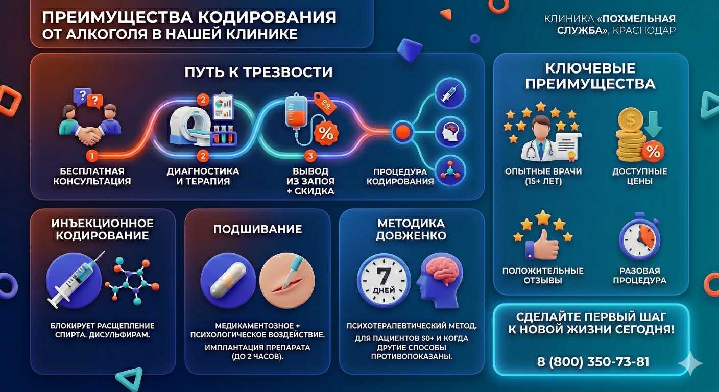 Инфографика о методах кодирования от алкоголя в Усть-Донецком: инъекции, подшивание, метод Довженко. Преимущества клиники и этапы лечения.