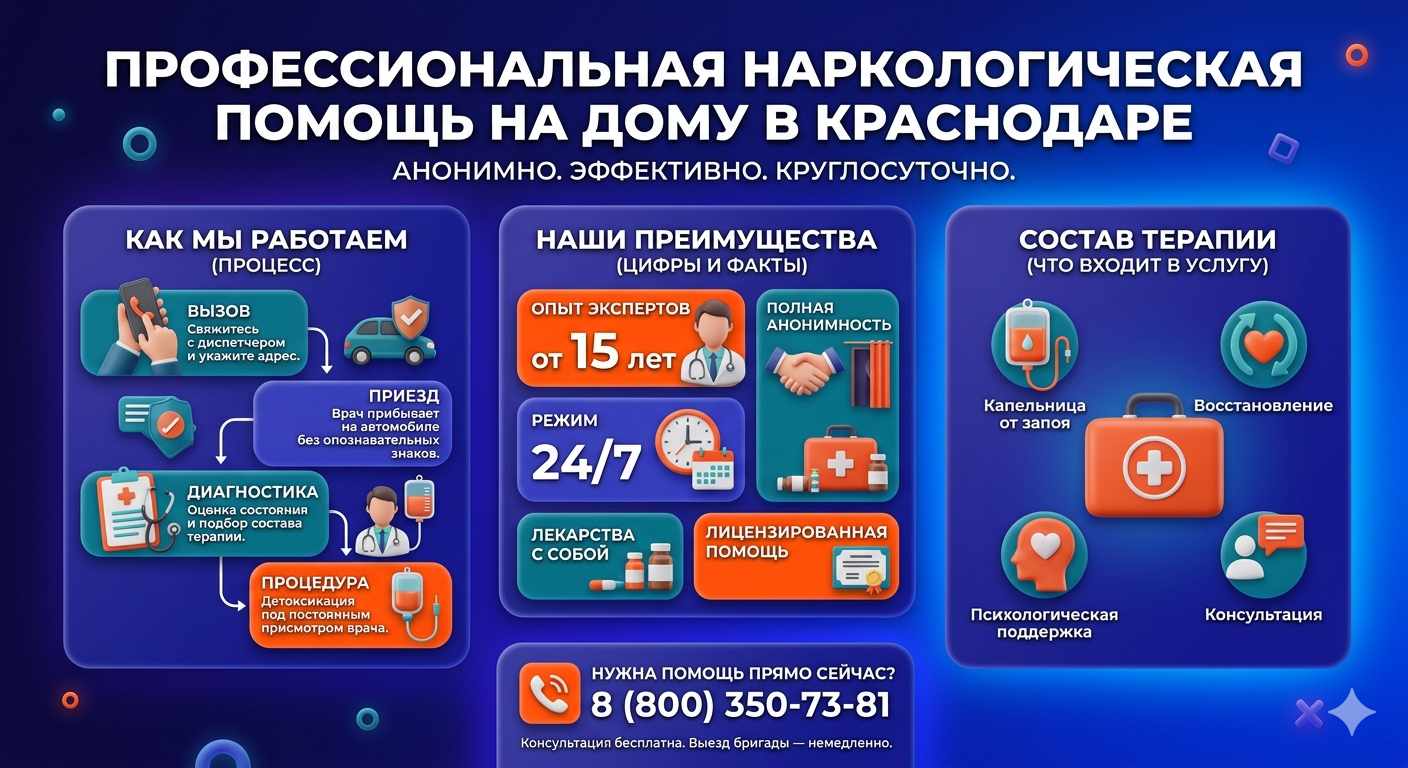 Инфографика о принципах лечения алкоголизма на дому в Усть-Донецком: этапы вызова нарколога, преимущества анонимной детоксикации и состав медицинской помощи.